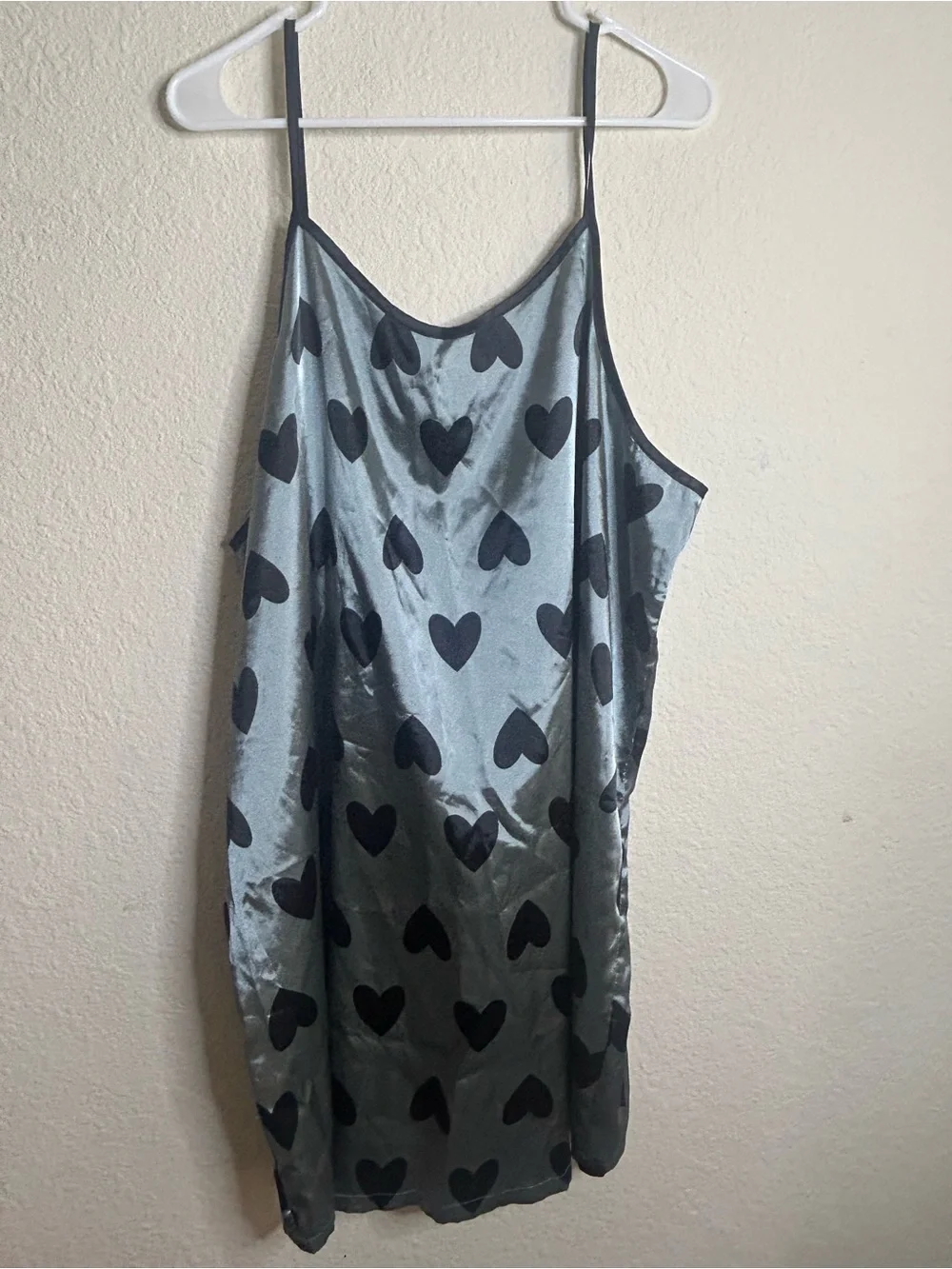 Silky Heart-Print Slip Dress - Steel Blue/Black‎ Plus Size 2xl  Sleep Wear Gown